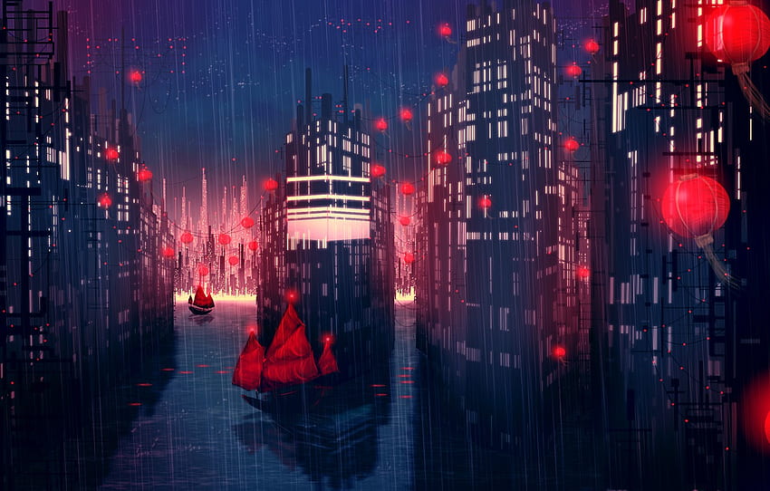 nuit, la ville, pluie, navires, art, lumières, rouge, Est, verser, Redlamp city for , section Ð¿ÑÐ¾ÑÐµÐµ, Japanese Lofi Fond d'écran HD